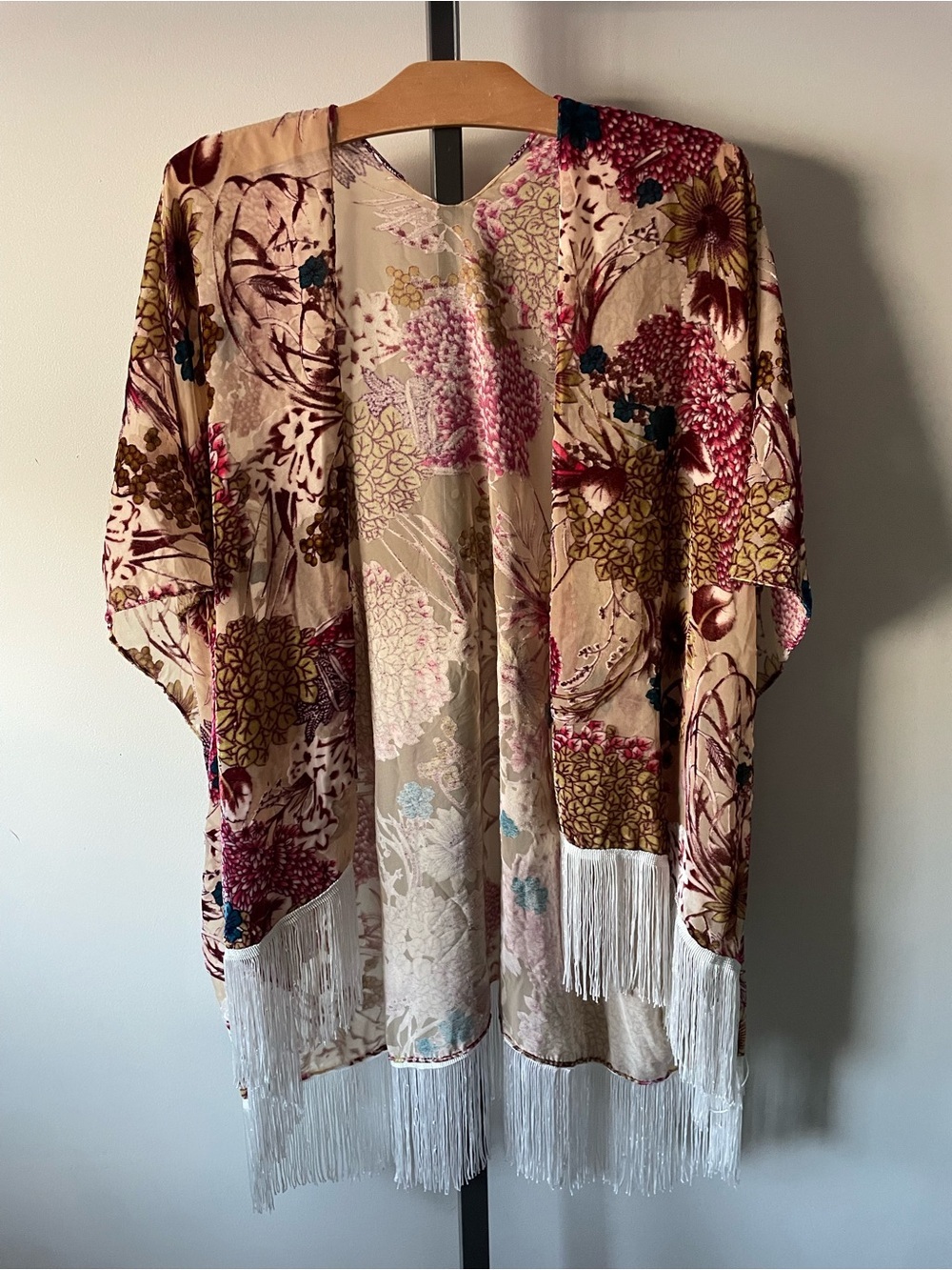Vintage Boho Burnout Velvet Floral Fringe Kimono Duster Whimsigoth Festival